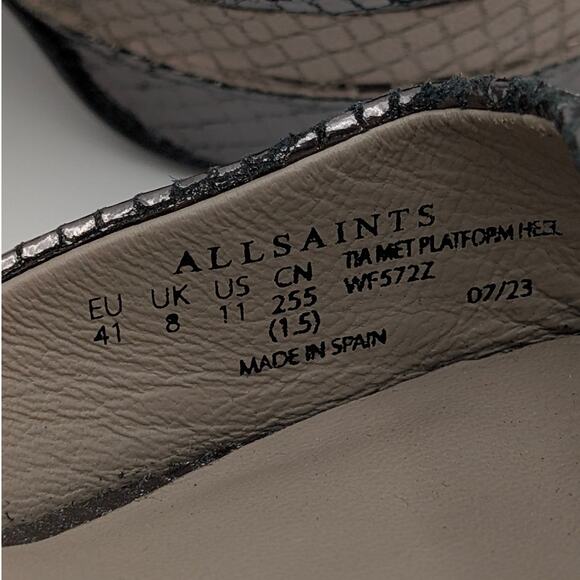 AllSaints Tia Snake-Embossed Platform Heels Women's Gun/Gold/Bronze Sz US11 EU41 - Picture 7 of 16